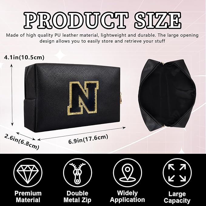 Personalized Initial Letter Patch Makeup Bag, Preppy Portable Chenille Cosmetic Bag with Zipper, PU Leather Waterproof Travel Toiletry Bag Monogram Make Up Pouch for Women Girls(Letter N)