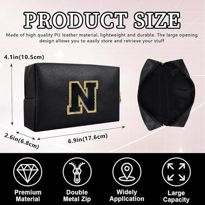 Personalized Initial Letter Patch Makeup Bag, Preppy Portable Chenille Cosmetic Bag with Zipper, PU Leather Waterproof Travel Toiletry Bag Monogram Make Up Pouch for Women Girls(Letter N)