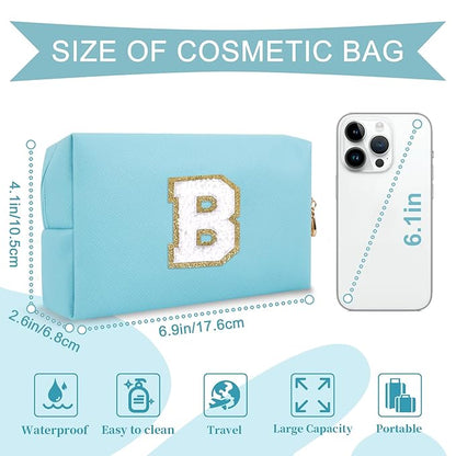 Small Personalized Initial A-Z Preppy Patch Makeup Bag,PU Chenille Letter Travel Cosmetic Pouch with Zipper,Blue Cute Toiletry Bag,Gift Ideal for Teen Girls Women Teacher Bridesmaid,Letter B