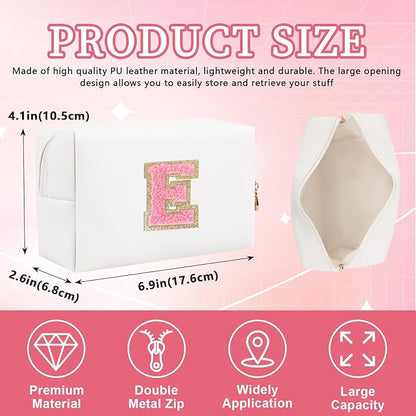 Iqimott Personalized Initial Letter Patch Makeup Bag, Preppy Portable Chenille Letter Cosmetic Bag with Zipper, PU Leather Waterproof Travel Toiletry Bag Monogram Make Up Pouch Girls(Letter E)