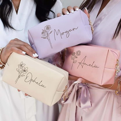 DayOfShe Personalized Makeup Bag with Name and Birth Flower Bridesmaid Gifts Stocking Stuffers for Women Teenage Girls Gifts, Custom Travel Makeup bag for Bridal Shower Gifts