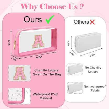 Personalized Initial Letter Clear Makeup Bag,Preppy Small Nylon&PVC Cosmetic Zipper Bag with Chenille Letter,Portable Beach Travel Skincare Toiletry Bag,Trendy Monogram Gift for Teen Girls Women,X