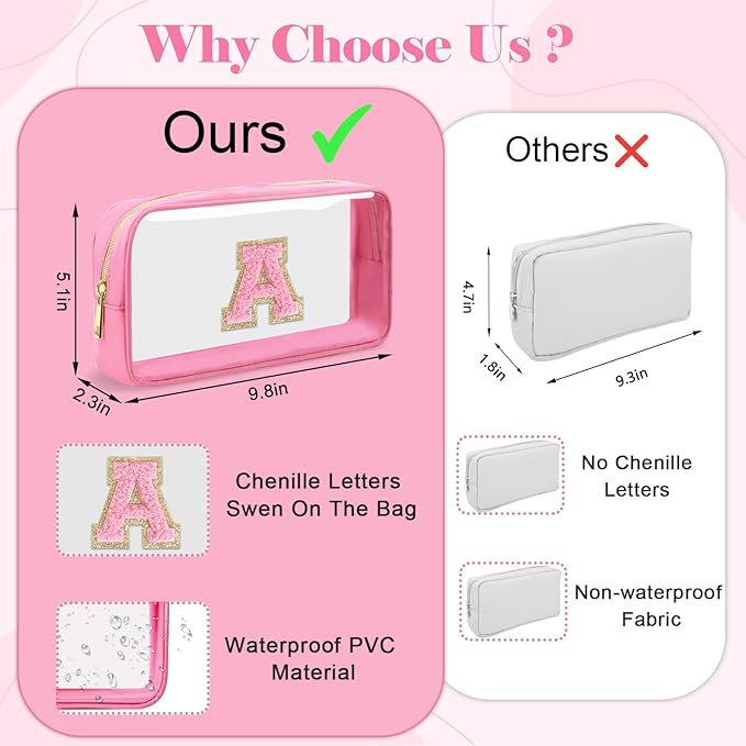 Personalized Initial Letter Clear Makeup Bag,Preppy Small Nylon&PVC Cosmetic Zipper Bag with Chenille Letter,Portable Beach Travel Skincare Toiletry Bag,Trendy Monogram Gift for Teen Girls Women,T