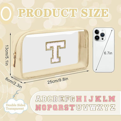 Small Clear Personalized Initial Makeup Bag, Preppy Nylon A-Z Chenille Letter Patch Makeup Organizer TSA Approved Travel Toiletry Bag,Waterproof Zip Beach Cosmetic Pouch Purse for Women(Beige-White T)
