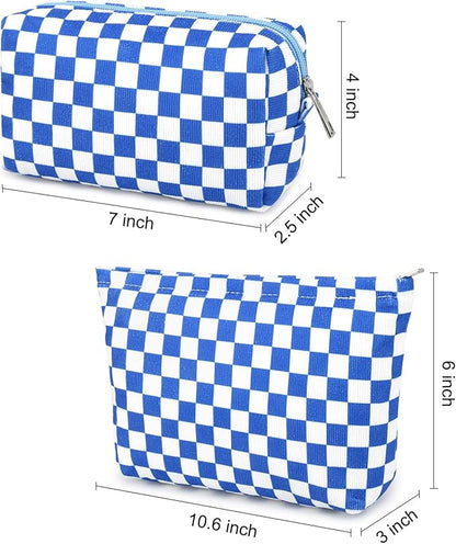 SOIDRAM 2 Pcs Checkered Makeup Bag Large Cosmetic Bag Toiletry Bag Makeup Pouch Travel Bag Organizer Cute Makeup Brushes Aesthetic Accessories Storage Bag for Women Royal Blue