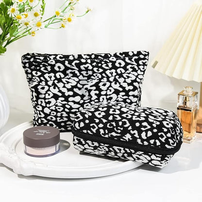 SOIDRAM 2 Pieces Leopard Print Makeup Bag Large Cosmetic Bag Capacity Canvas Mix Travel Toiletry Bag Organizer Cute Makeup Brushes Aesthetic Accessories Storage Bag for Women, Leopard Print Mix Black