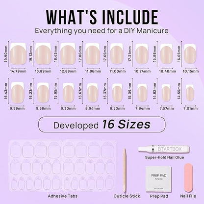 BTArtbox Press On Nails Short Square - White Chrome French Tip, Glazed Glue On, Natural Stick On in 15 Sizes - 30 Fake Nails Kit, Wheat