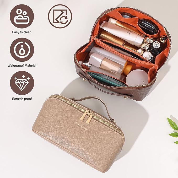 Makeup Bag, Travel Toiletry Bag for Women, Large Capacity Waterproof Rhombus Stitching Pattern PU Leather Cosmetic Bags Make Up Organizer Bags with Headband and Wristband Set (Pink)