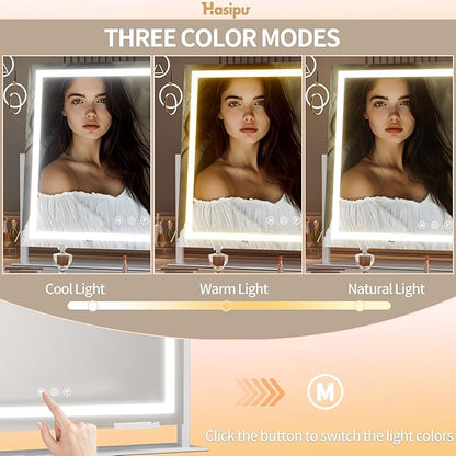 Hasipu Vanity Mirror with Lights, 28" x 20" LED Makeup Mirror, Light up Mirror with 10X Magnification and Phone Holder, USB Charging Port, Smart Touch 3 Colors Dimmable, 360° Rotation (Gold)