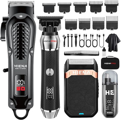 HIENA PRO Professional Cordless Hair Clippers for Men, T-Blade Beard Trimmer & Foil Shaver & Nose Hair Trimmer Set, Rechargeable Electric Barber Hair Cutting Grooming Kit
