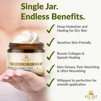 100% Grass Fed Tallow Balm with Colostrum & Emu Oil - Handmade Whipped Beef Tallow for Face and Body, Sensitive Skin Tallow Moisturizer made with True First Colostrum, (Unscented)