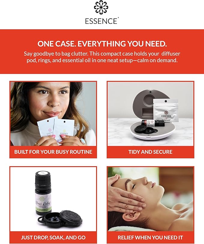 Essence Pearl Travel Case - Wearable Aromatherapy Kit with Nasal Diffuser Rings, Soaking Bay, and 5mL Essential Oil – Portable Wellness Gift Set for On?The?Go Self Care