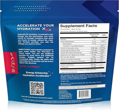 HydroMATE Electrolytes Powder Drink Mix Packets Hydration Accelerator Low Sugar Rapid Party Relief Recovery Vitamin C Plus Caffeine Watermelon 16 Count
