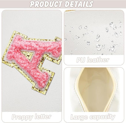 Initial Makeup Bag Personalized Preppy Travel Small Cosmetic Bag Cute PU White Chenille Letter Makeup Pouch for Purse Waterproof Zippered Toiletry Organizer for Women Girls Kids Friends (A)