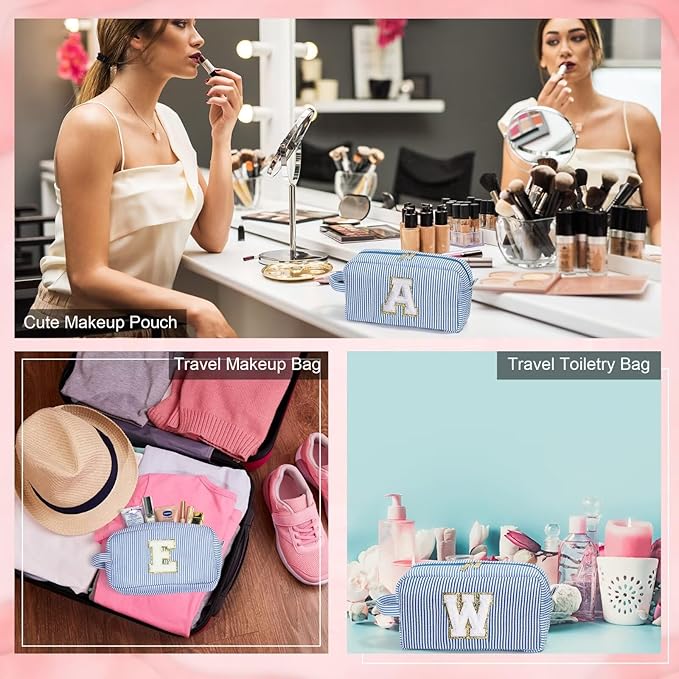 YOOLIFE Bridal Shower Gifts - Bridesmaid Bag, Bridesmaid Proposal Gifts for Wedding Day, Bride to be Gifts, Maid Matron of Honor Gift, Bachelorette Party Favors, Blue Initial Makeup Bag Cosmetic Bag E