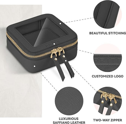 Prite Mini Clear Makeup Bag for Purse Cute Small Travel Cosmetic Bag for Women Waterproof Toiletry Bag Leather Makeup Pouch with Gold Zipper(Black)