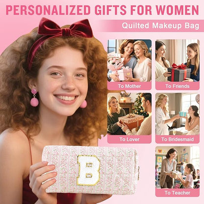 Personalized Quilted Cosmetic Bag, Puffy Monogrammed Christmas Birthday Gifts for Women & Girls, Cute initial Floral Makeup Bag Puffer Coquette Bag, Aesthetic Travel Toiletry Zipper Pouch(Pink,B)