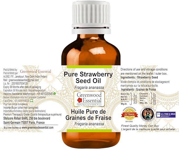 Greenwood Essential Pure Strawberry Seed oil (Fragaria ananassa) Natural Therapeutic Grade 50ml (1.69 oz)