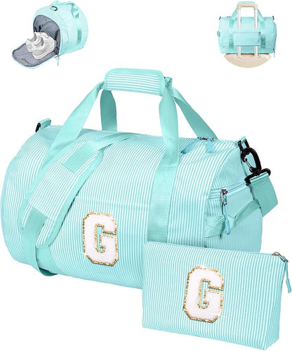 Gift for Cheerleader Girl, Girls Travel Duffle Bag, Kids Initial Overnight Bags with Shoe Compartment, Personalized Weekend Bag with Cosmetic Pouch, Gift for Grandaughter (Letter G)
