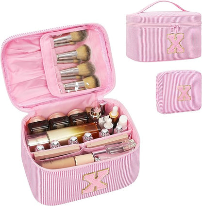 MONSTINA Personalized Initial Makeup Bag for Women,Make Up Case for Girlfriend Bridesmaid Wife,|Personalized Gifts for Women Friends|Cute Toiletry Make Up Traveling Stuff Organizer,Pink X
