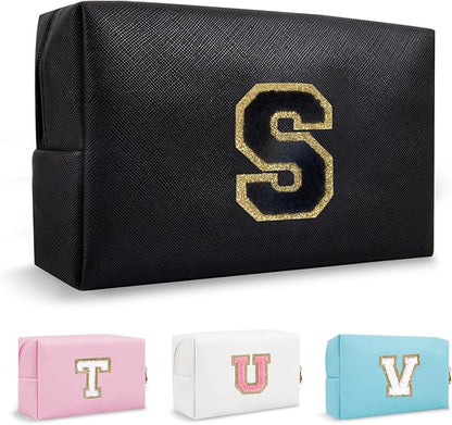 Small Travel Initial Preppy Makeup Bag, Cute Black Cosmetic Organizer Toiletry Zipper Pouch Make Up Bag for Purse, Waterproof Chenille Letter Make Up Storage Personalized Gift for Sister Mom(Letter S)