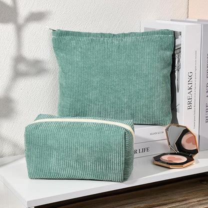 SOIDRAM 2 Pieces Makeup Bag Large Corduroy Cosmetic Bag Capacity Canvas Mix Travel Toiletry Bag Organizer Cute Makeup Brushes Aesthetic Accessories Storage Bag for Women, Corduroy Mix Green