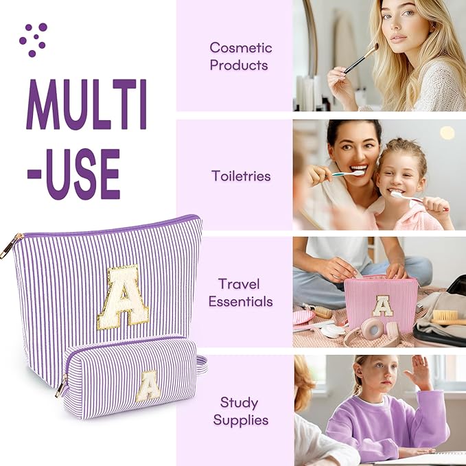 2 PCS Initial Makeup Bags for Women: Cosmetic Bag for Travel Toiletry - Birthday Gifts for 11 12 13 14 15 16 17 18 Years Old Girl Graduation Teacher Gift- Teen Girl Gifts Trendy Stuff - Purple K