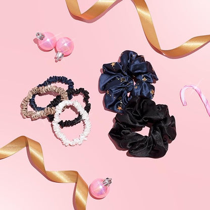 SILKIE x6 Set 100% Pure Mulberry Silk Christmas Dark Neutral Skinny Scrunchies Travel Pouch Everyday Hair Ties Elastics Hair Care Ponytail Holder No Damage (Celestial)