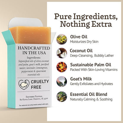 Southern Natural Goat Milk Soap Bar - 3 Pack Essential Oil Blend - For Dry Sensitive Skin. Natural Handmade Face & Body Soap For Men & Women. (Net 12 oz)