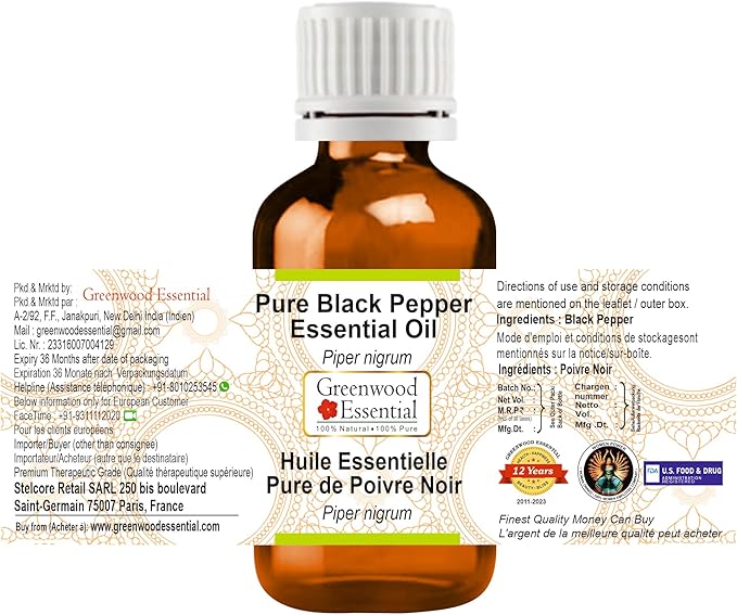 Greenwood Essential Pure Black Pepper Essential Oil (Piper nigrum Steam Distilled 50ml (1.69 oz)