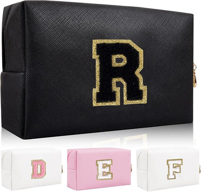 Iqimott Personalized Initial Letter Patch Makeup Bag Preppy Portable Chenille Letter Cosmetic Bag Zipper PU Leather Waterproof Travel Toiletry Bag Monogram Make Up Pouch Women Girls(Letter R)
