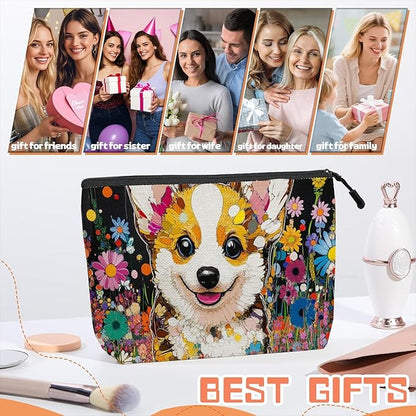 Cosmetic Bags Travel Makeup Toilet Case Waterproof Pouch for Women Girls 6.7X9.45inches - Cute Corgi Surrounded By Brightly Colored Flowers
