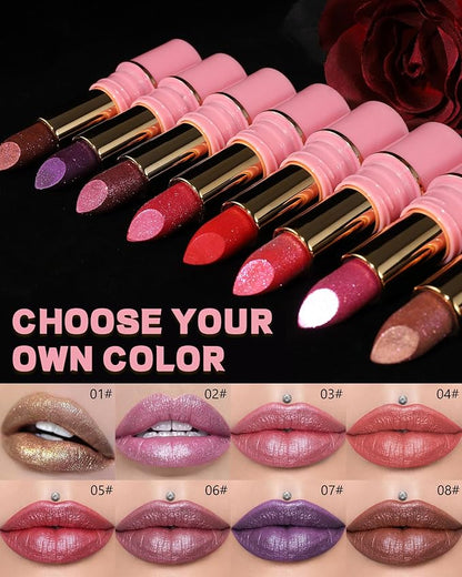 Glitter Metallic Cherry Plum Shimmer Lipstick Long Lasting,Glitter Diamond Shine Red Lipstick Transfer Proof Non-Stick Lip Gloss Shimmer Highly Pigmented Full Coverage Lip Makeup for Women-03