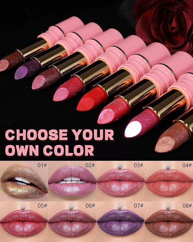Glitter Metallic Rose Nude Shimmer Lipstick Long Lasting,Glitter Diamond Shine Red Lipstick Transfer Proof Non-Stick Lip Gloss Shimmer Highly Pigmented Full Coverage Lip Makeup for Women-05
