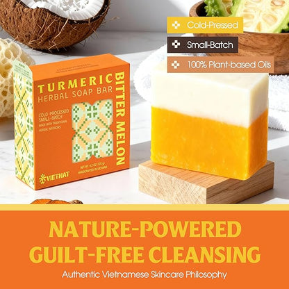 Turmeric & Bitter Melon 2-in-1 Luxurious Natural Soap Bar (4.2 oz) | Herbal Freshness & Gentle Refreshing Cleanse | Cold-Processed, Handmade in Vietnam (Pack of 1)