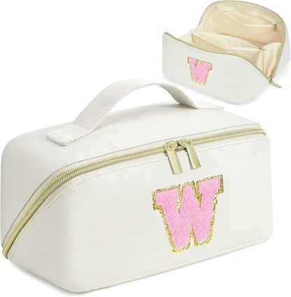 for Christmas Day Gifts, Makeup Bag for Women, PU Leather Travel Toiletry Bags, Initial Make Up Cosmetic Pouch for Teen Girls, Wide Open Portable Skincare Bag, Personalized Birthday Gifts, White W