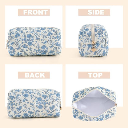 Makeup Bag Travel Toiletry Bag for Women, Small Cosmetic Bags Cute Quilted Cotton Makeup Pouch for Purse Emergency Bag for School Floral Pencil Case Accessory Bag, Blue