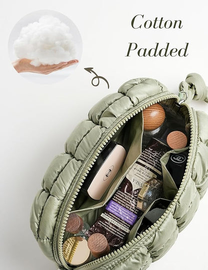 Yarnic Quilted Makeup Bag Cosmetic Bag, Travel Toiletry Bag for Women, Cute Makeup Bag Organizer Puffer Makeup Pouch (M, Sage Green)