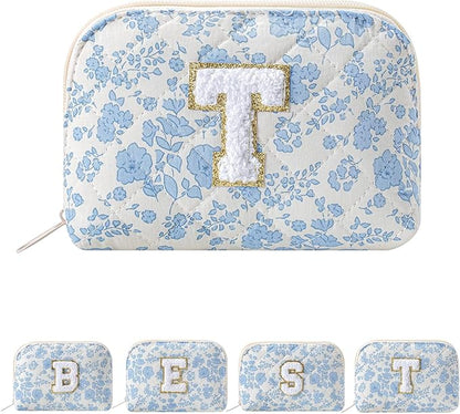 JOVAKIT Conch Alphabet Makeup Bag Cosmetic Bag for Women, Christmas Gifts for Women Girls, Blue Floral Coquette Travel Bag, Zipper Make Up Pouch Organizer Trendy Stuff (Blue Floral T)
