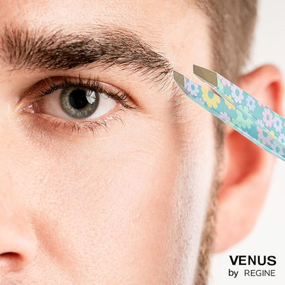 Venus by Regine Slant Tweezers - Handmade Precision Tool for Women & Men, 25-Degree Angle for Shaping Eyebrows & Grooming Facial Contours, Suitable for Eyebrow & Facial Hair Removal (Small Flowers)