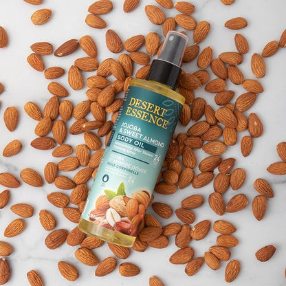 Desert Essence, Jojoba & Sweet Almond Body Oil Spray, 8.28 fl. oz. - Gluten-Free, Vegan, Cruelty Free - 24hour Moisture, Soothes Skin, Perfect for Sensitive Skin, Illuminating Body Spray