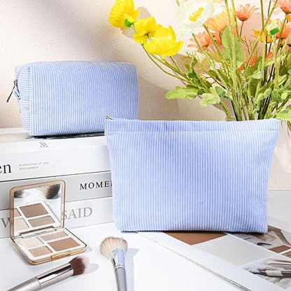 SOIDRAM 2 Pcs Corduroy Makeup Bag Large Cosmetic Bag Toiletry Bag Makeup Pouch Travel Bag Organizer Cute Makeup Brushes Aesthetic Accessories Storage Bag for Women Blue