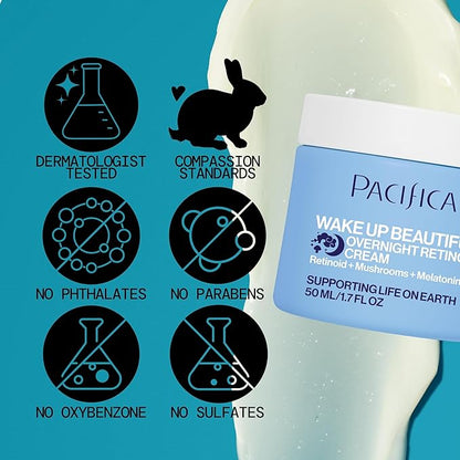 Pacifica Wake Up Beautiful Retinoid Night Cream – Overnight Anti-Aging Moisturizer with Hyaluronic Acid & Melatonin, Reduces Wrinkles & Fine Lines, Hydrating and Gentle for Dry or Mature Skin, Vegan