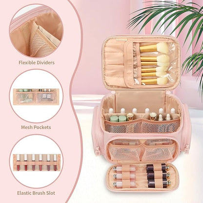 OCHEAL Large Makeup Bag,Cosmetic Organizer for Women with Zipper Pouch and Side Pocket, Multifunctional Compartments and Dividers,Travel Makeup Case for Toiletries, Brushes & Beauty Tools-Pink