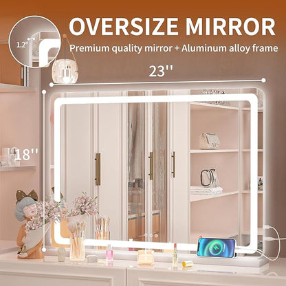 Hasipu Vanity Mirror with Lights, 22.8" x 18" LED Makeup Mirror, Lighted Makeup Mirror with Dimmable 3 Modes, Touch Screen Control Vanity Mirror Round White