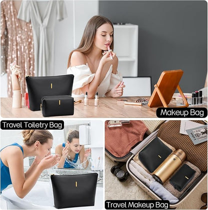 Women Gifts | Initial Makeup Bag Set for Girl Personalized Gifts for Bridesmaid Friend Graduation Teachers PU Leather Cosmetic Travel Toiletry Bag(Black,I)