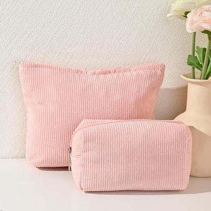 SOIDRAM 2 Pieces Makeup Bag Large Corduroy Cosmetic Bag Capacity Canvas Mix Travel Toiletry Bag Organizer Cute Makeup Brushes Aesthetic Accessories Storage Bag for Women, Corduroy Mix Pink