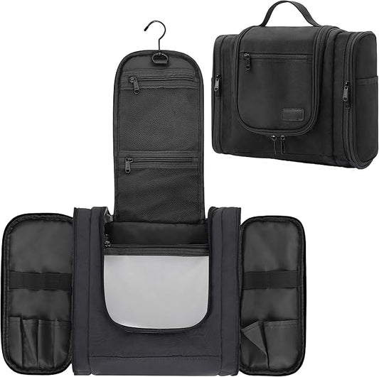 Hanging Toiletry Bag for Men and Women, Travel Makeup with Metal Swivel Hook, Large Organizer for Full Sized Cosmetics and Toiletries, Water-Resistant Nylon, Black