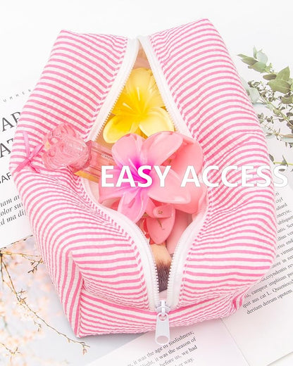 PAZIMIIK 6PCS Cozy Makeup Bag Small Aesthetic Travel Zipper Cosmetic Pouch for Women Make Up Beauty Accessories Brushes, Stripe Hotpink
