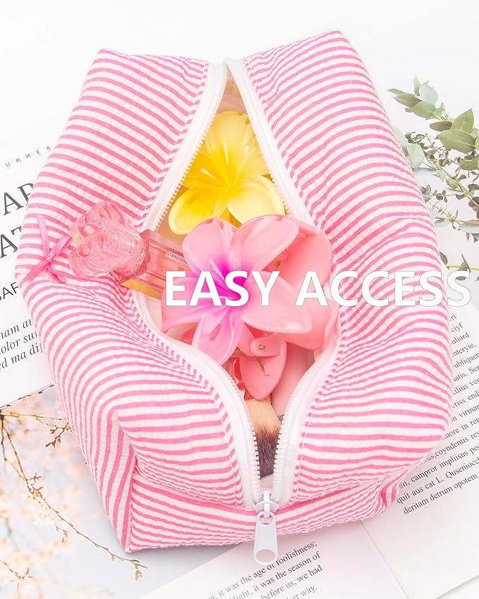 PAZIMIIK Cozy Makeup Bag Small Aesthetic Travel Zipper Cosmetic Pouch for Women Make Up Beauty Accessories Brushes, Stripe Hotpink